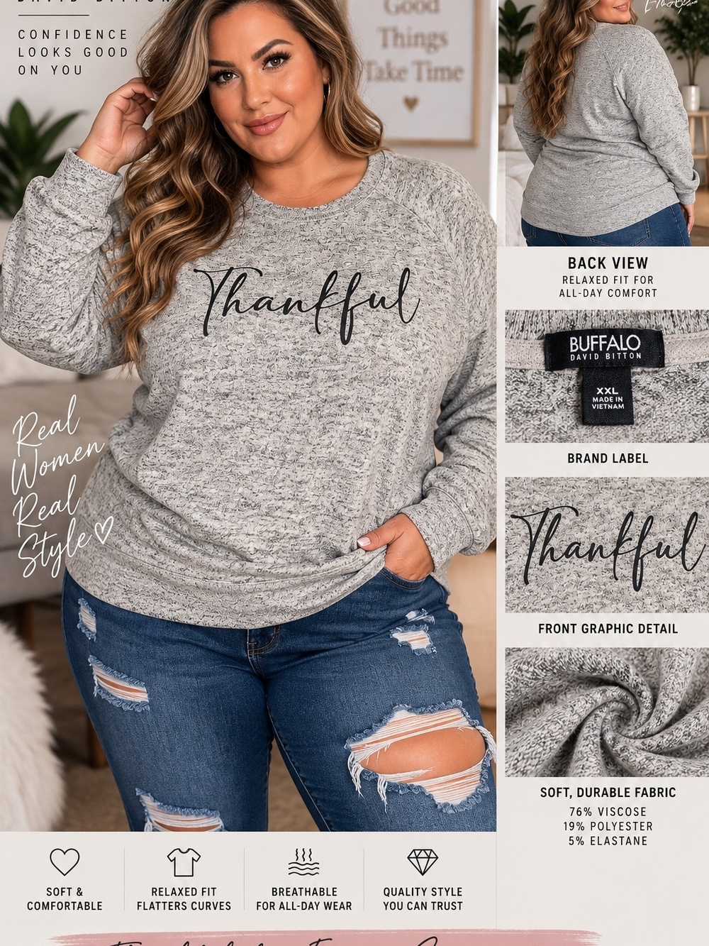 Buffalo David Bitton Gray 'Thankful' Women's Pullover Sweatshirt